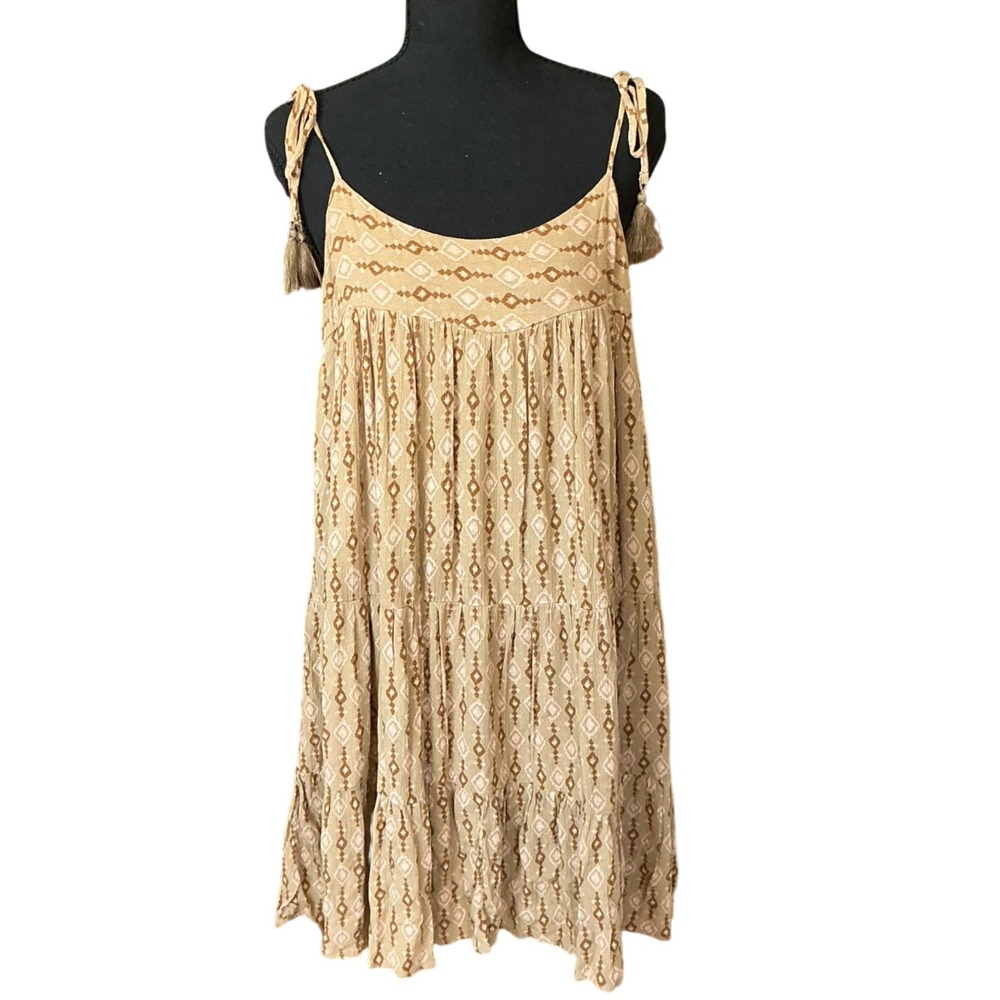 Boho Chic Geometric Flowy Tiered Festival Babydoll Dress Tan Tassels Large